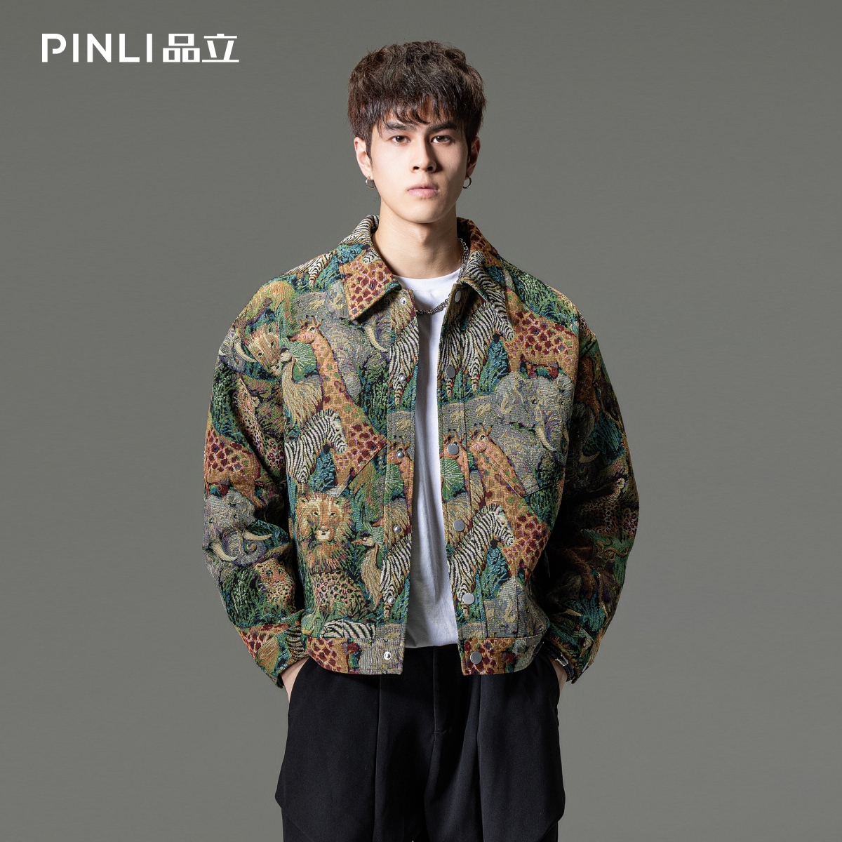 PINLI品立提花翻领休闲夹克外套