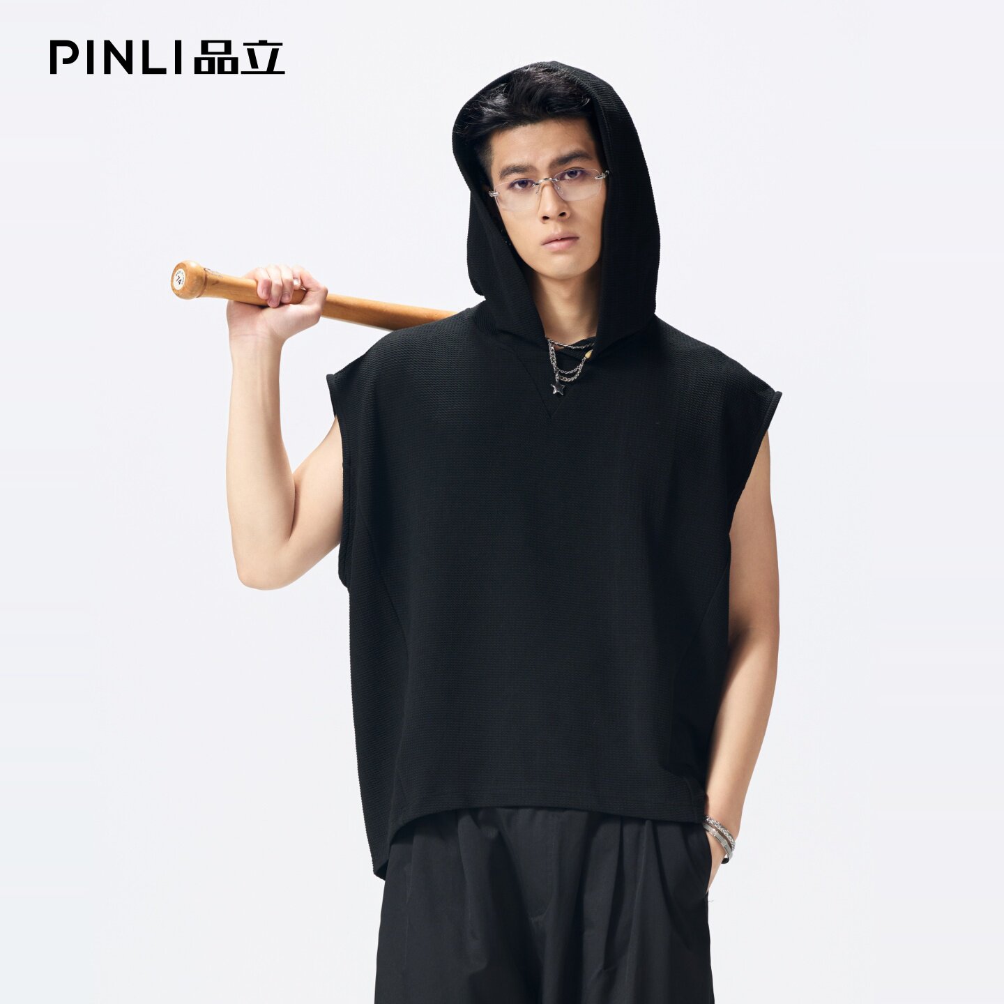 PINLI品立2026夏季新款宽松连帽无袖T恤纯色上衣男潮GD262111011
