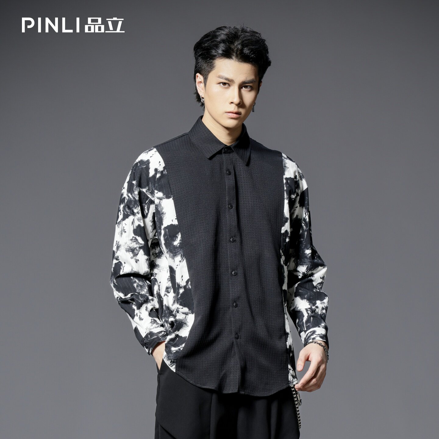 PINLI品立印花拼接休闲长袖衬衫图片