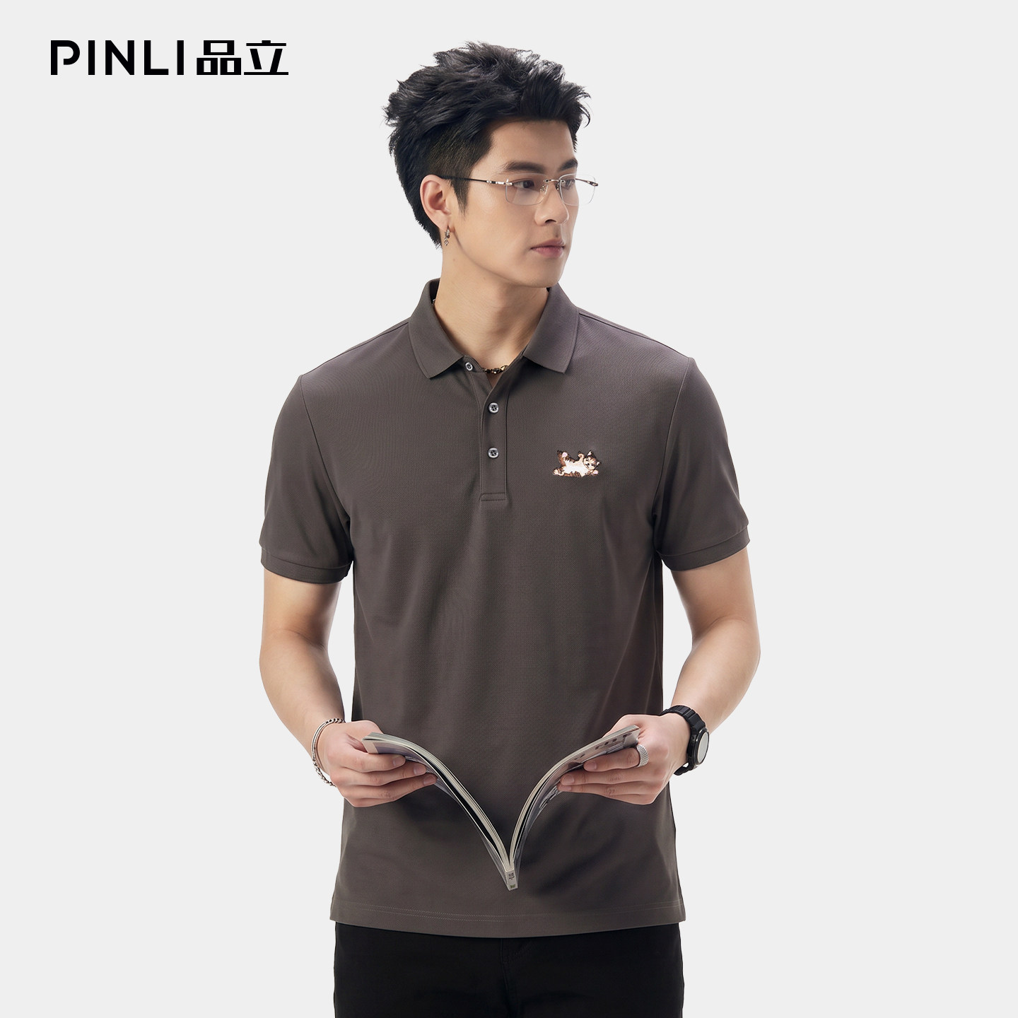 PINLI品立2026夏季新款男士动物贴布翻领短袖POLO衫上衣体恤潮牌