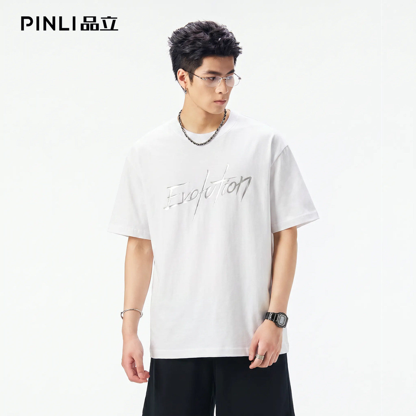PINLI品立2026夏季新款男士字母创意印花圆领落肩纯棉短袖T恤上衣图片