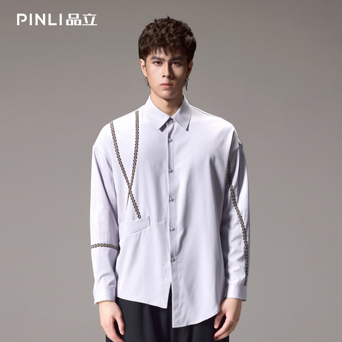 PINLI品立锁链织带宽松长袖衬衫