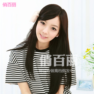 真人假发女中长直发假发真人发丝黑色逼真斜刘海整顶递针手织假发