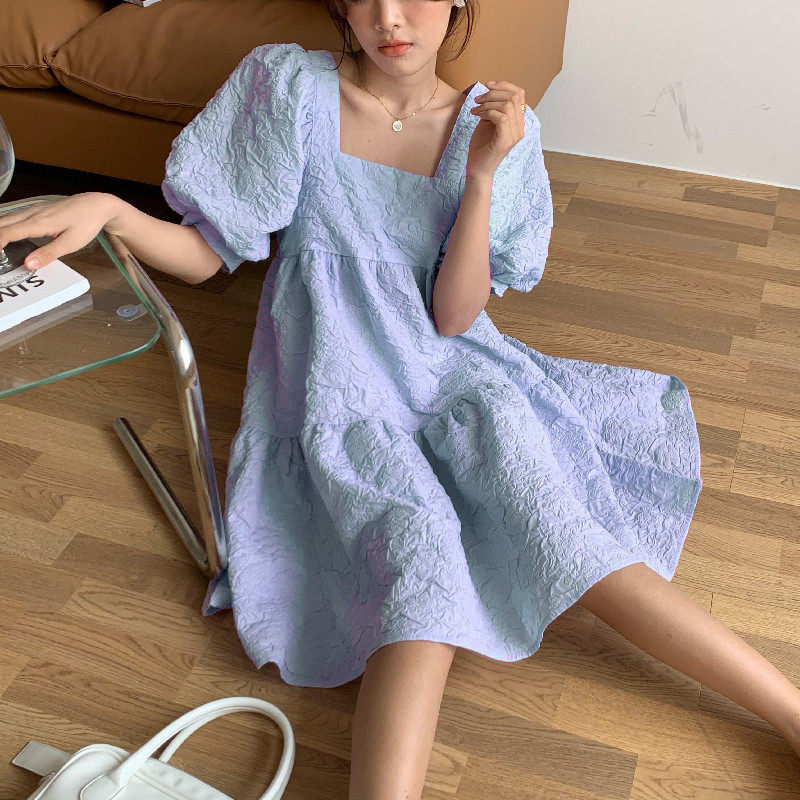 夏季女方领泡泡袖连衣裙小个子娃