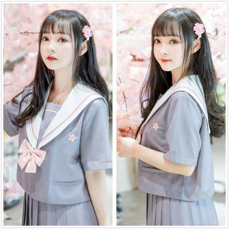 山樱日本学生班校服JK制服正统软妹灰粉刺绣水手服长短袖套装秋女