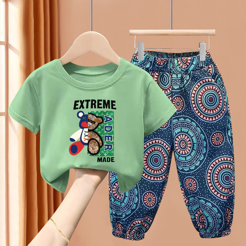 儿童夏季套装男童女纯棉短袖t恤运动服套装个性多色圆领卡通休闲