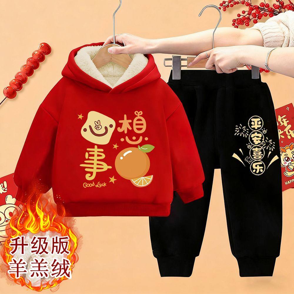 女童新年套装2026马年拜年服新款中小童中国风男童加绒卫衣两件套
