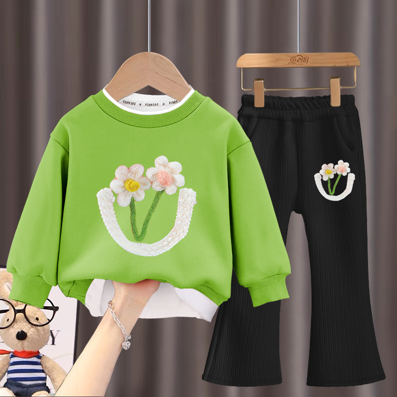 女童套装秋季2025新款假两件洋气卫衣喇叭裤两件套春装儿童套装潮