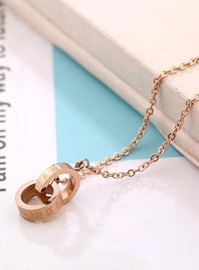 钛钢镀玫瑰金罗马数字双环项链