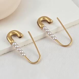 欧美ins风回形针仿珍珠耳环时尚百搭耳饰钛钢镀18k金简约轻奢耳钉
