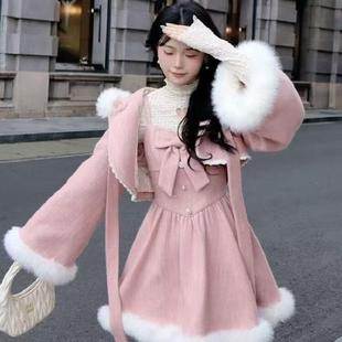 甜美奶乖软妹风毛呢短外套装两件套连衣裙吊带裙粉色斗篷披肩醋