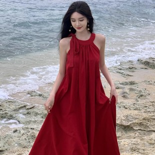 红色挂脖吊带连衣裙女夏新娘晨袍礼服新疆旅行海边度假长裙夏 法式