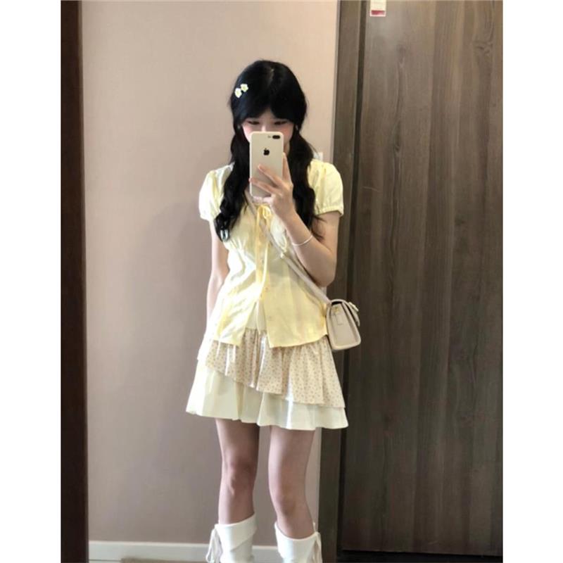 茶系穿搭一整套夏季小个子甜妹纯欲短袖上衣碎花半身裙两件套装女
