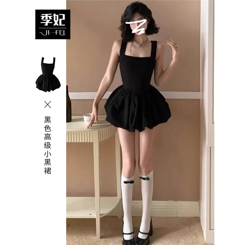 法式赫本风黑色吊带连衣裙子女夏季2025新款小个子气质蓬蓬小黑裙