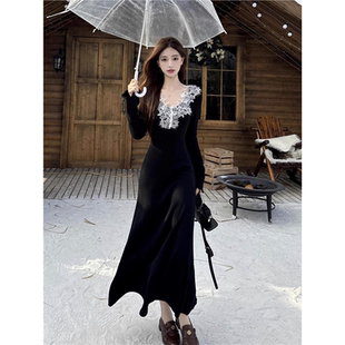 法式黑色连衣裙子女秋冬季2025新款冬天配大衣内搭打底长裙高级感