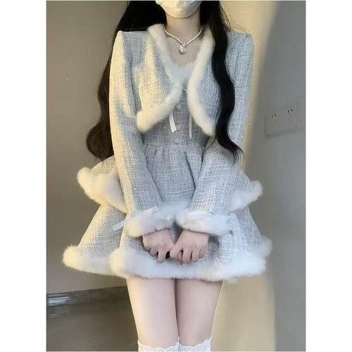 冬季小香风甜美一整套穿搭女秋冬富家千金外套+短裙名媛两件套装