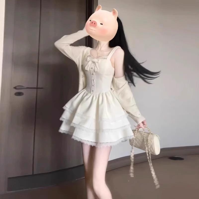 小个子穿搭一整套春季纯欲甜美开衫外套蛋糕蓬蓬连衣裙两件套装女