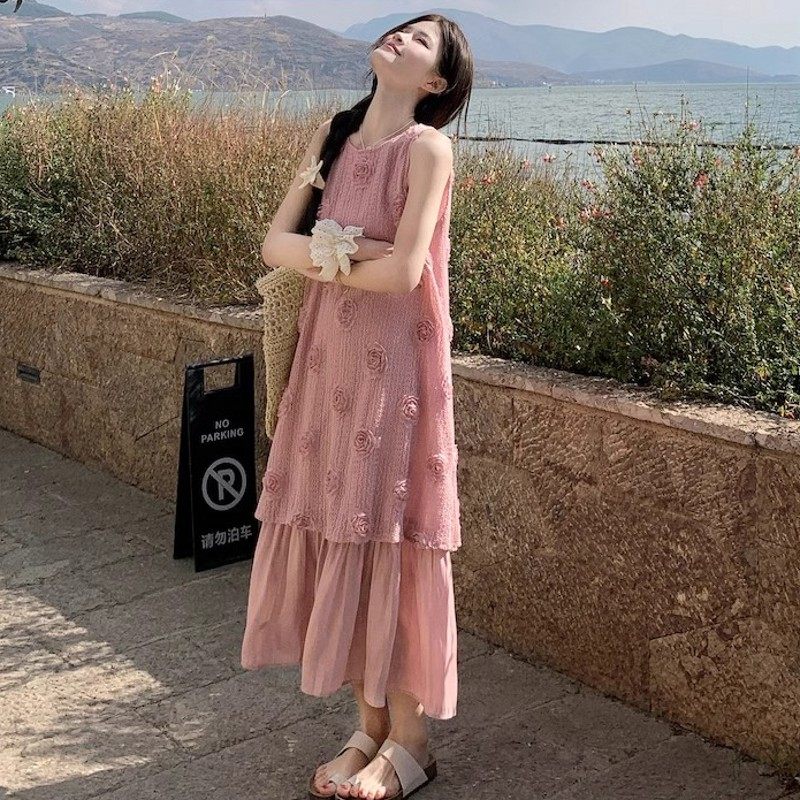 法式气质立体花朵假两件无袖背心连衣裙女2025夏季新款百褶长裙子