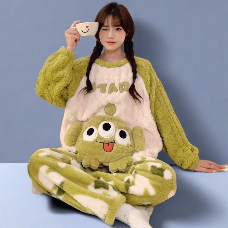 珊瑚绒睡衣女加厚加绒秋冬季可爱大码200斤法兰绒家居服套装冬款