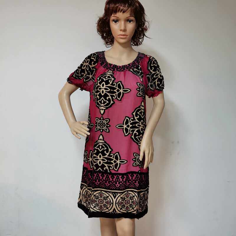 100桑蚕丝真丝烂花绡短袖连衣裙A字裙丝绒女裙圆领烧花绒1031