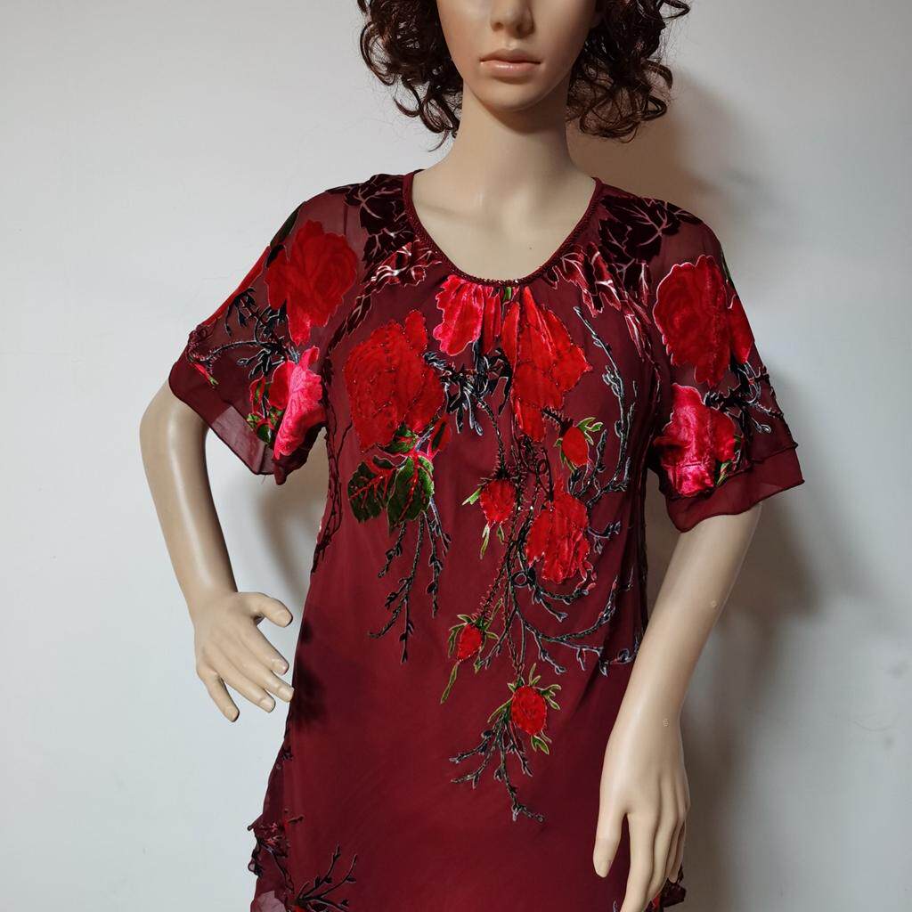 真丝绒短袖斜裁上衣酒红正品烂花绒钉珠亮片洋气正品桑蚕丝806