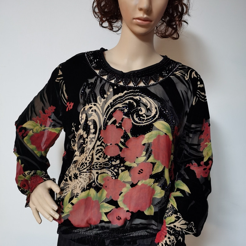 戈润真丝绒女收腰钉珠手绘印花桑蚕丝烂花绡上衣长袖圆领中年465