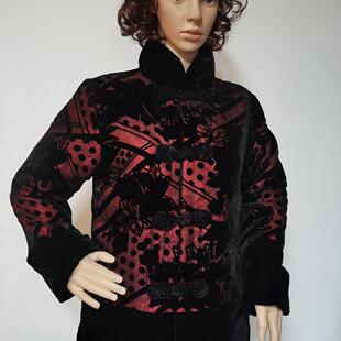 桑蚕丝真丝绒棉衣烂花绡黑红色中老年妈妈装盘扣唐装金丝绒戈润
