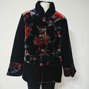 真丝绒棉衣棉袄金丝绒烧花棉服中老年妈妈装断码11536