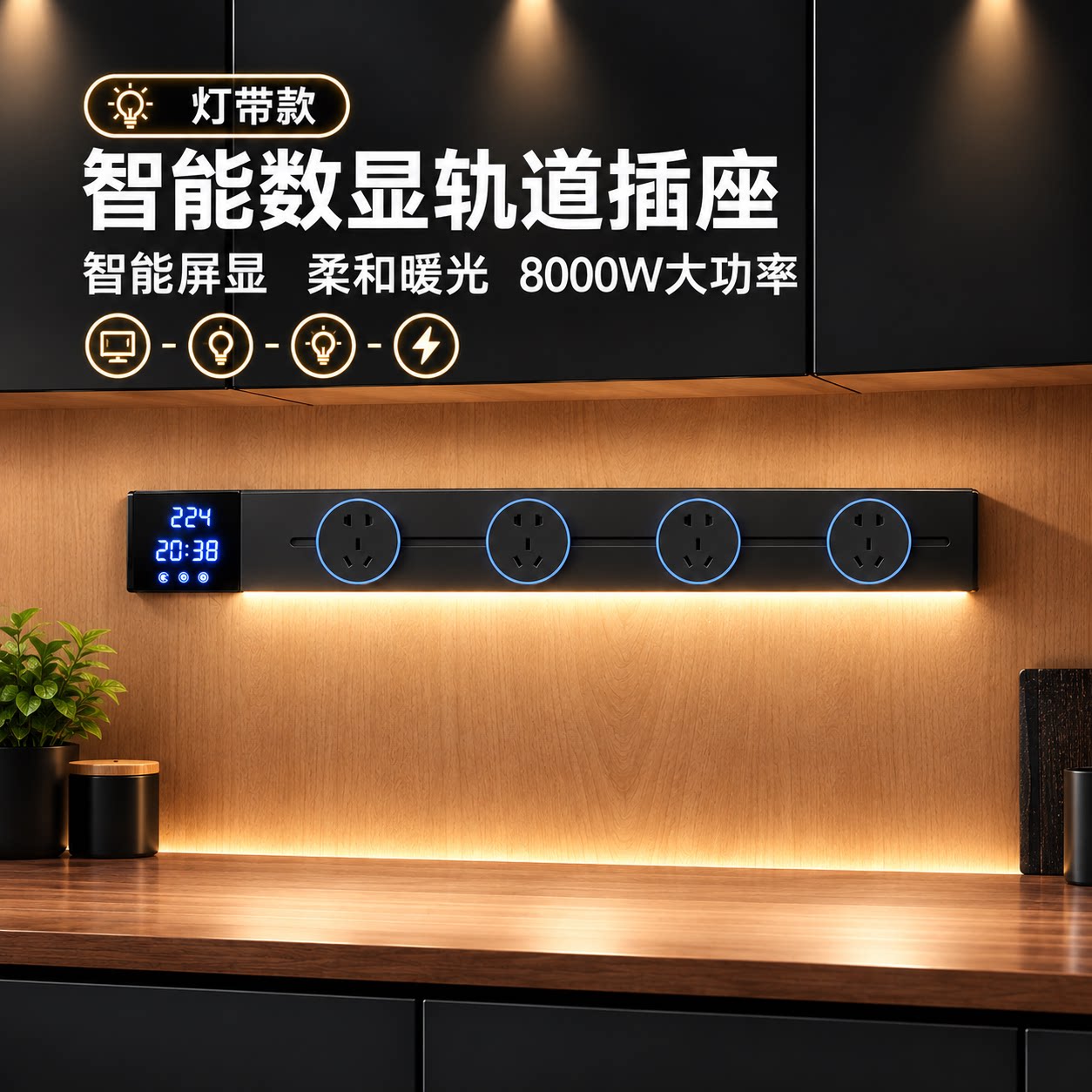 感应灯轨道插座带显示屏智能数显移动导轨家用明装滑轨餐边柜插排