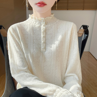 白色打底衫女2025冬季新款内搭半高领木耳边针织衫中领长袖毛衣