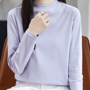 T恤卫衣宽松打底衫 秋季 女纯色百搭长袖 100%纯棉半高领短袖 新款