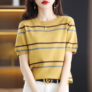 短款 100%纯棉线条纹短袖 拼色圆领半袖 t恤女针织打底衫 上衣 女春季