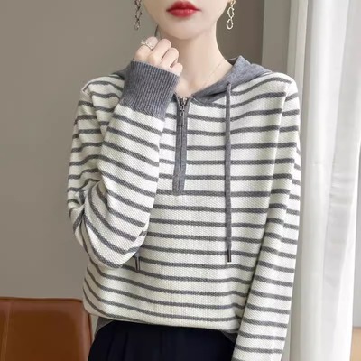 条纹连帽长袖针织毛衣女2025冬季新款加厚保暖长袖打底衫宽松毛衣