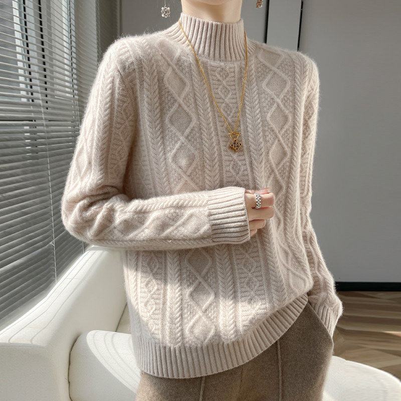 2025冬季新款重磅加厚羊绒毛衣女麻花半高领羊毛针织打底衫