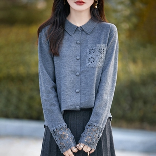 气质POLO领镂空钩花羊毛针织开衫女慵懒翻领纽扣糯米绒毛衣外套