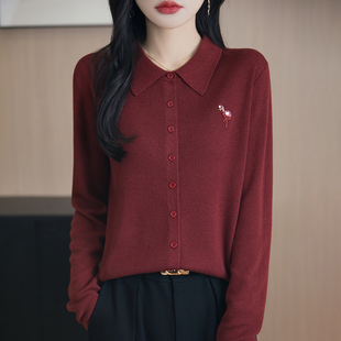 欧货软糯细美丽诺羊毛针织开衫女2025秋季刺绣火鸟亮片翻领外套潮