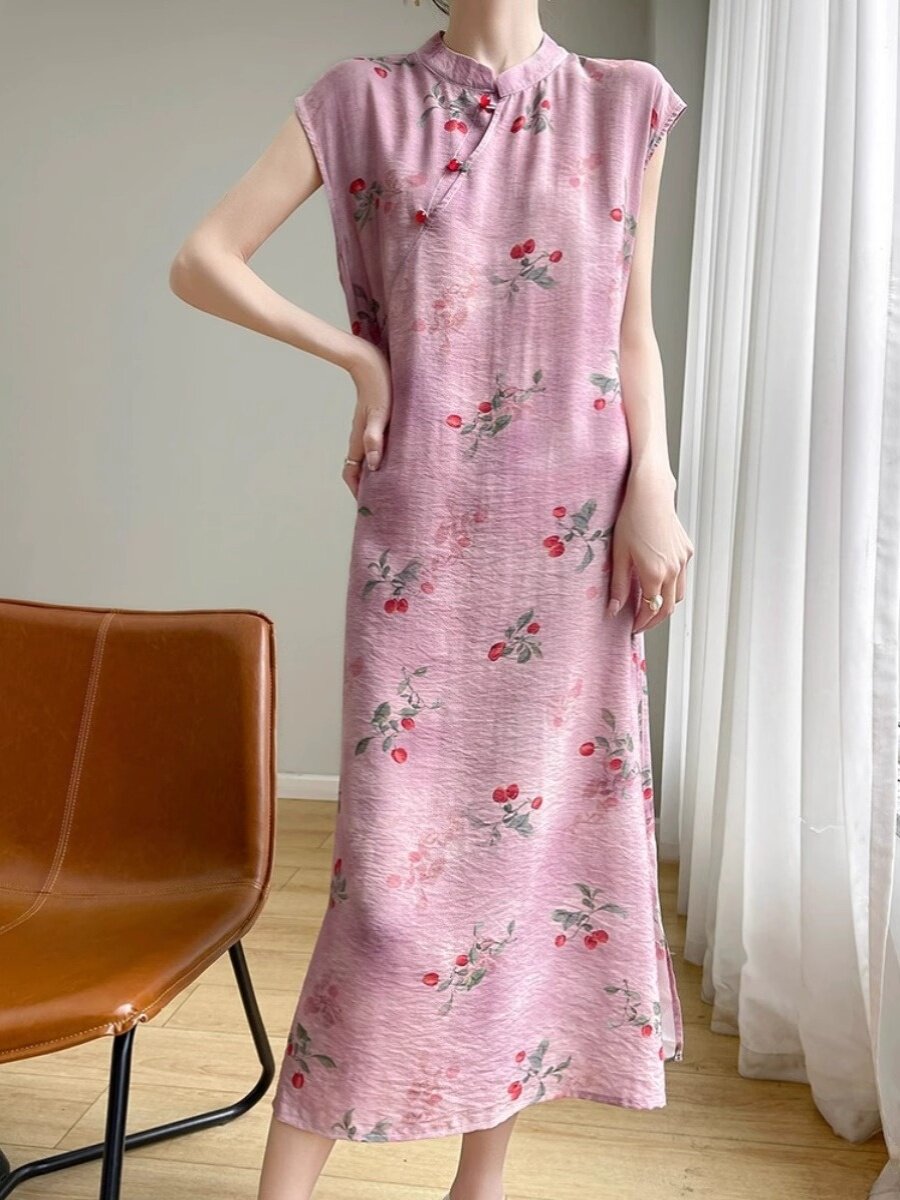 새로운 중국 스타일 국가 스타일 치파오 텐셀 코튼 드레스 느슨한 기질 여름 착용 2024 봄 새로운 중간 길이 스커트