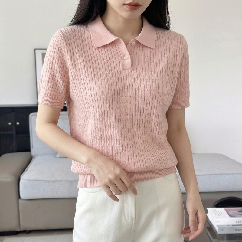 知性优雅复古老钱风麻花纹翻领短袖针织衫女纯棉POLO领百搭上衣
