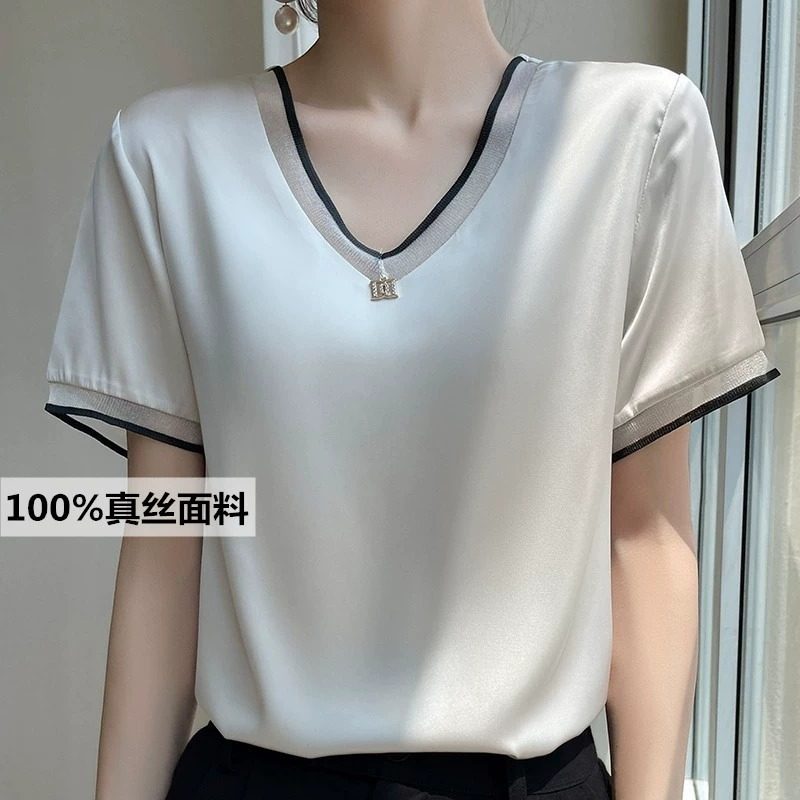 真丝短袖t恤女桑蚕丝上衣夏季白色v领22新款醋酸缎面半袖打底衫女