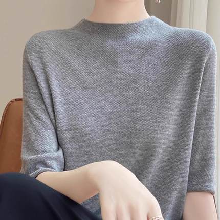 半高领天丝针织中袖T恤女修身显瘦初秋新款莱塞尔五分袖内搭打底