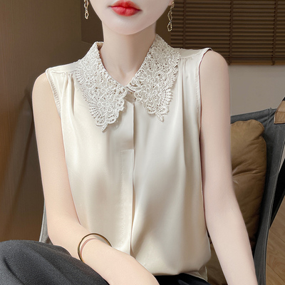 欧货高端蕾丝polo领无袖衬衫2025早秋坎肩设计感背心休闲通勤上衣