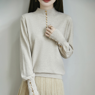 2025冬季新款超细丝光羊毛打底衫女半高领薄款毛衣钉珠针织上衣