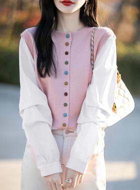 欧货宽松休闲百搭圆领彩色扣衬衫女设计感针织拼接衬衣假两件开衫
