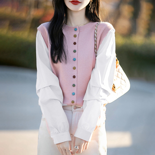 欧货宽松休闲百搭圆领彩色扣衬衫女设计感针织拼接衬衣假两件开衫