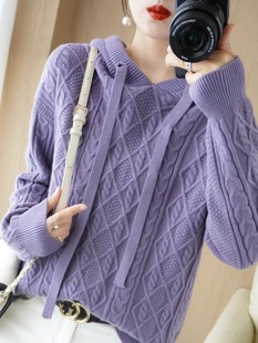 加厚绞花连帽套头打底针织衫女长袖毛衣宽松休闲短款保暖卫衣帽衫