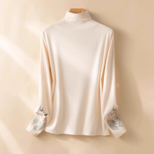 2025春季新款半高领双面德绒打底衫女长袖T恤国风刺绣超软糯上衣