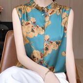 醋酸缎面打底背心女夏季 衬衫 气质木耳边上衣T恤立领法式 印花无袖