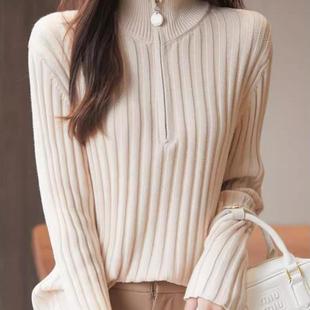 纯棉线半拉链针织打底衫 舒适保暖线衣上衣 女立领套头毛衣2025新款