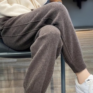 2025冬羊绒高腰小脚裤 女休闲松紧带腰抽绳直筒羊毛显瘦针织打底裤