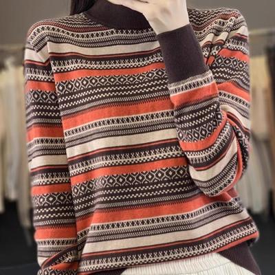 100%纯棉半高领针织女2025新款长袖打底衫春季短款三色提花毛衣